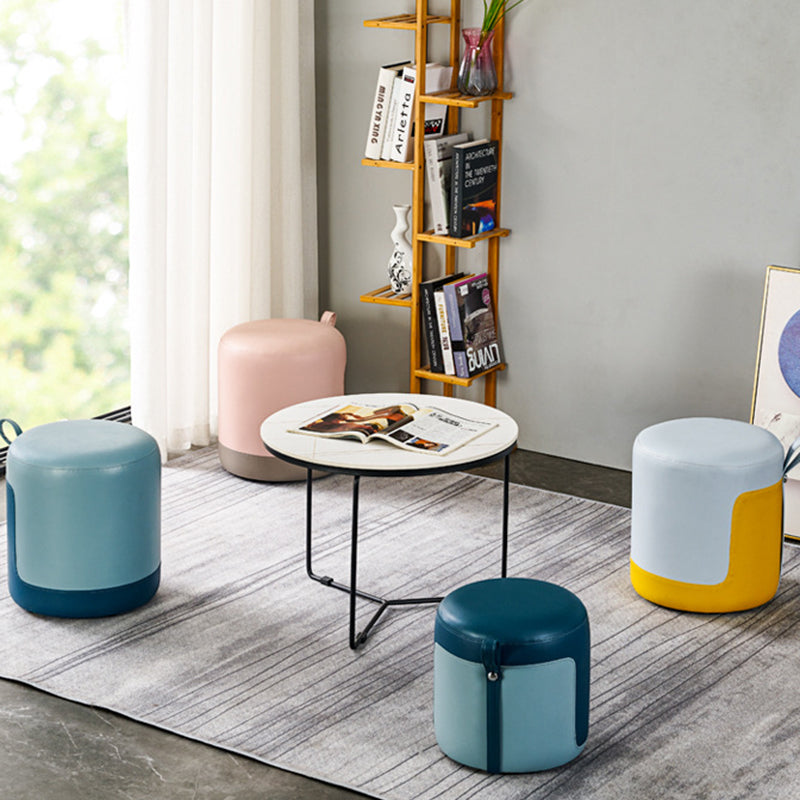 Contemporary Scandinavian Round Leather Solid Wood Frame Portable Low Stool For Bedroom