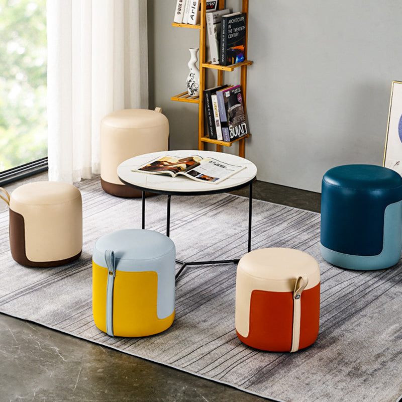 Contemporary Scandinavian Round Leather Solid Wood Frame Portable Low Stool For Bedroom