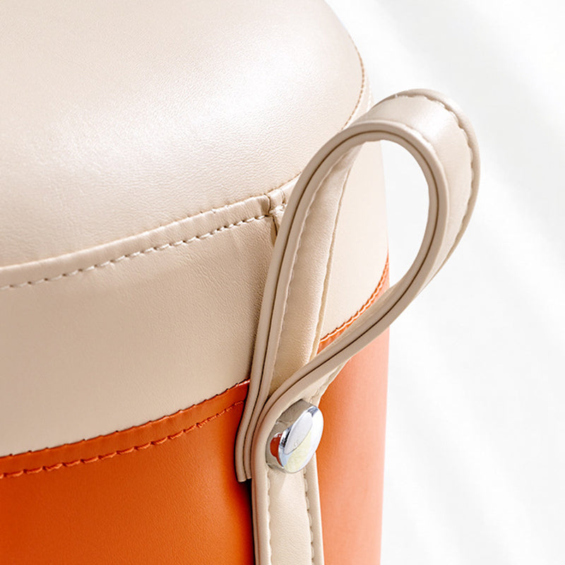 Contemporary Scandinavian Round Leather Solid Wood Frame Portable Low Stool For Bedroom