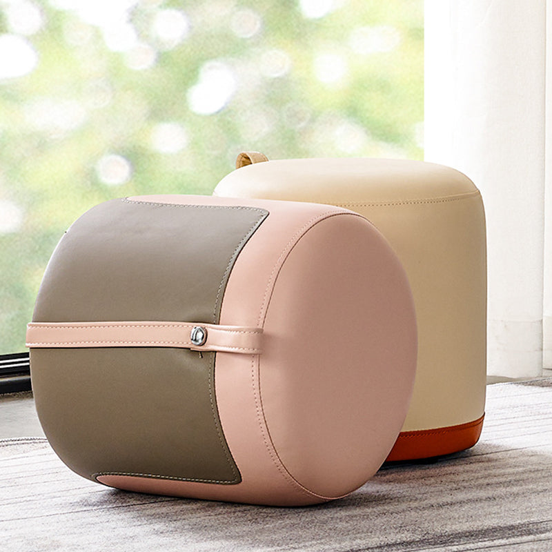 Contemporary Scandinavian Round Leather Solid Wood Frame Portable Low Stool For Bedroom