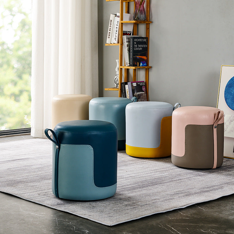 Contemporary Nordic Round Faux Leather Wood-Based Internal Frame Low Stool For Bedroom