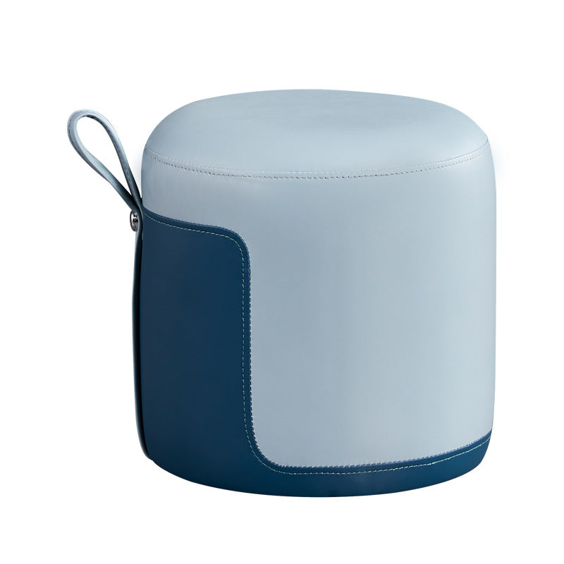 Contemporary Scandinavian Round Leather Solid Wood Frame Portable Low Stool For Bedroom