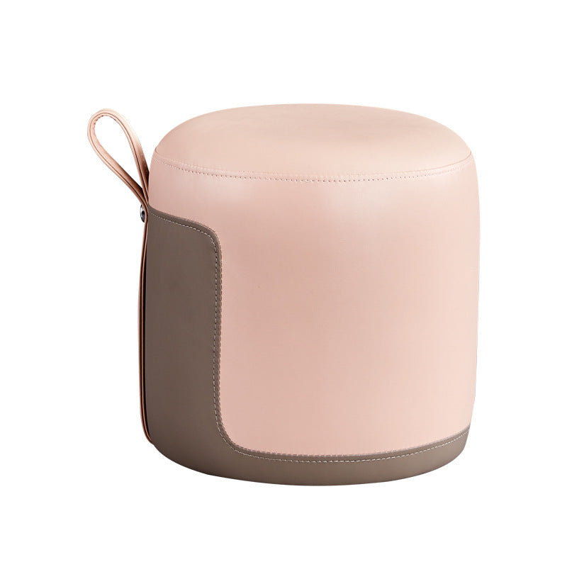Contemporary Scandinavian Round Leather Solid Wood Frame Portable Low Stool For Bedroom