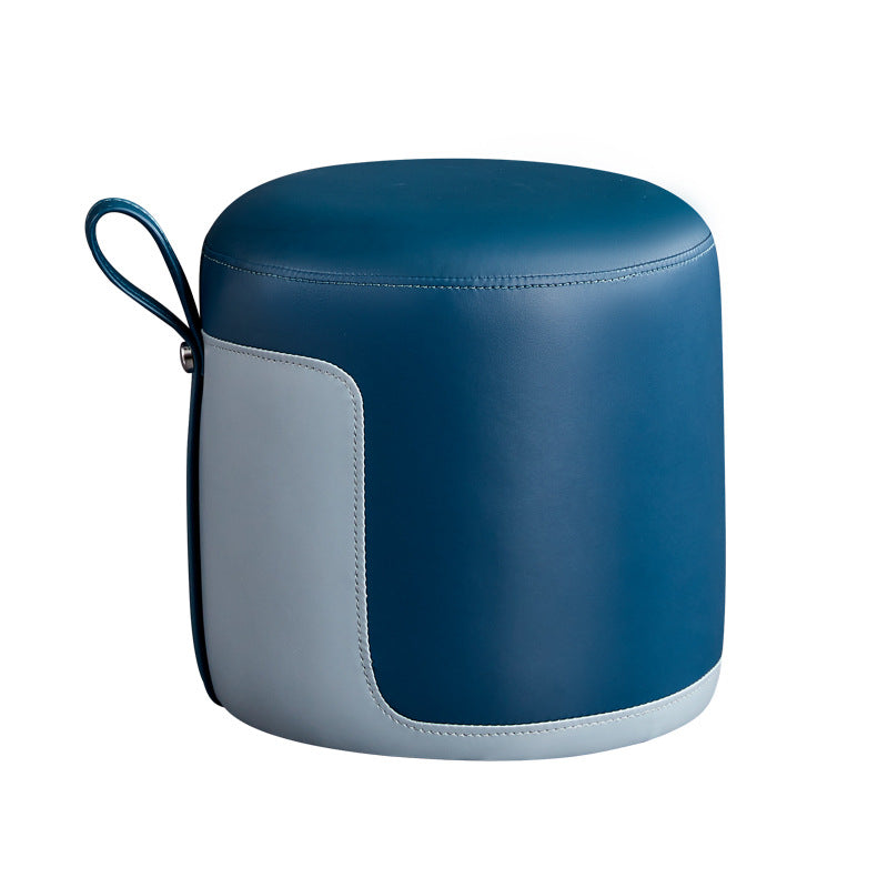 Contemporary Scandinavian Round Leather Solid Wood Frame Portable Low Stool For Bedroom