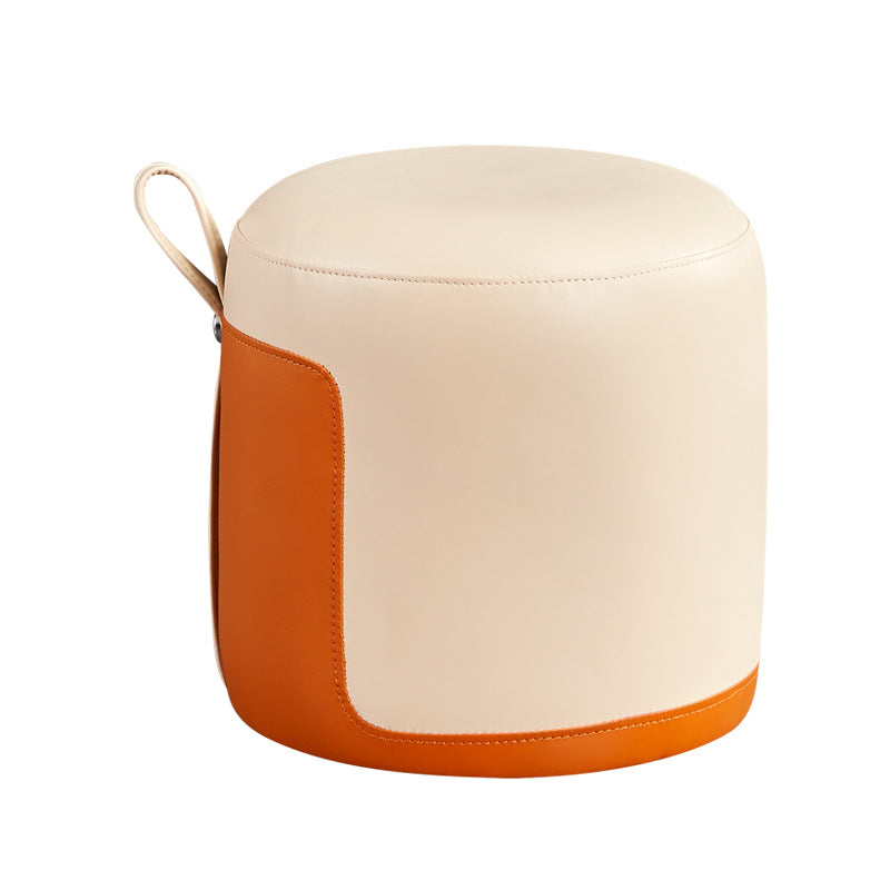 Contemporary Scandinavian Round Leather Solid Wood Frame Portable Low Stool For Bedroom