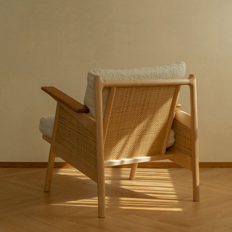 Contemporary Scandinavian Square Weaving Rattan Solid Wood Frame Accent Chair Backrest For Living Room
