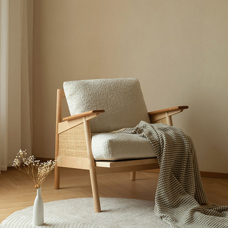 Contemporary Scandinavian Square Weaving Rattan Solid Wood Frame Accent Chair Backrest For Living Room
