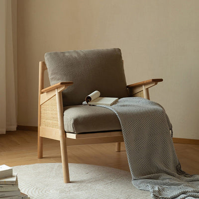 Contemporary Scandinavian Square Weaving Rattan Solid Wood Frame Accent Chair Backrest For Living Room