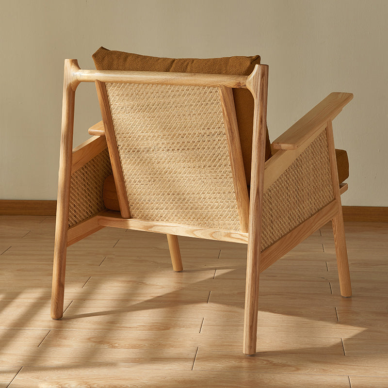 Contemporary Scandinavian Square Weaving Rattan Solid Wood Frame Accent Chair Backrest For Living Room