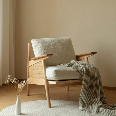 Contemporary Scandinavian Square Weaving Rattan Solid Wood Frame Accent Chair Backrest For Living Room