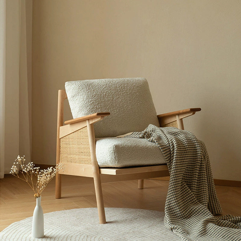 Contemporary Scandinavian Square Weaving Rattan Solid Wood Frame Accent Chair Backrest For Living Room