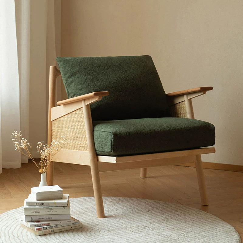 Contemporary Scandinavian Square Weaving Rattan Solid Wood Frame Accent Chair Backrest For Living Room