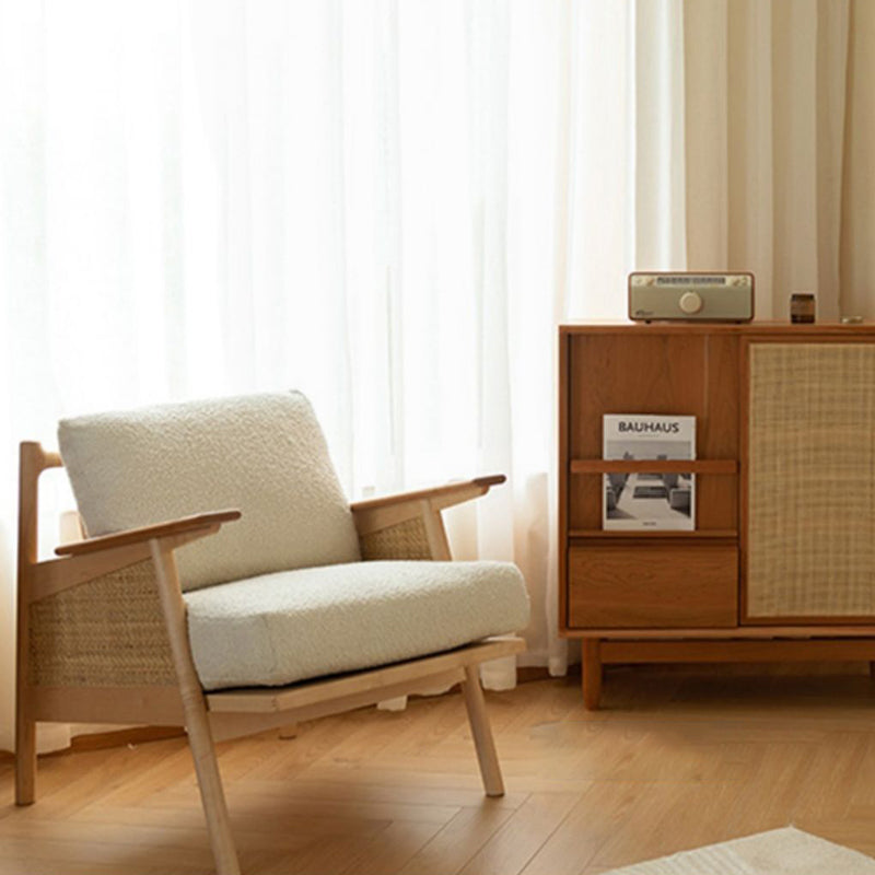 Contemporary Scandinavian Square Weaving Rattan Solid Wood Frame Accent Chair Backrest For Living Room