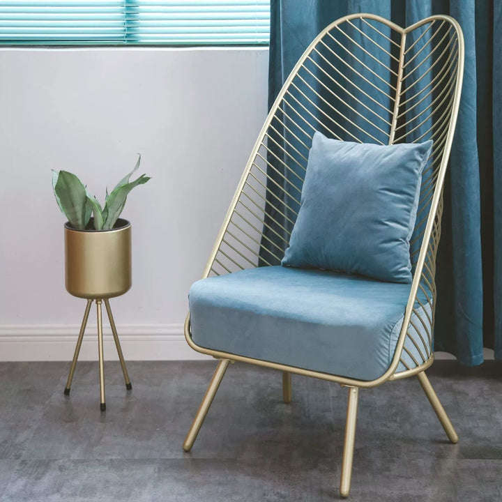 Contemporary Nordic Velvet Upholstered Banana Leaf Metal Frame Accent Chair Backrest For Living Room