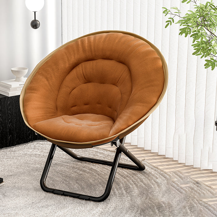 Silla reclinable plegable con respaldo de terciopelo redondo nórdico contemporáneo y estructura de acero al carbono en forma de X para sala de estar 