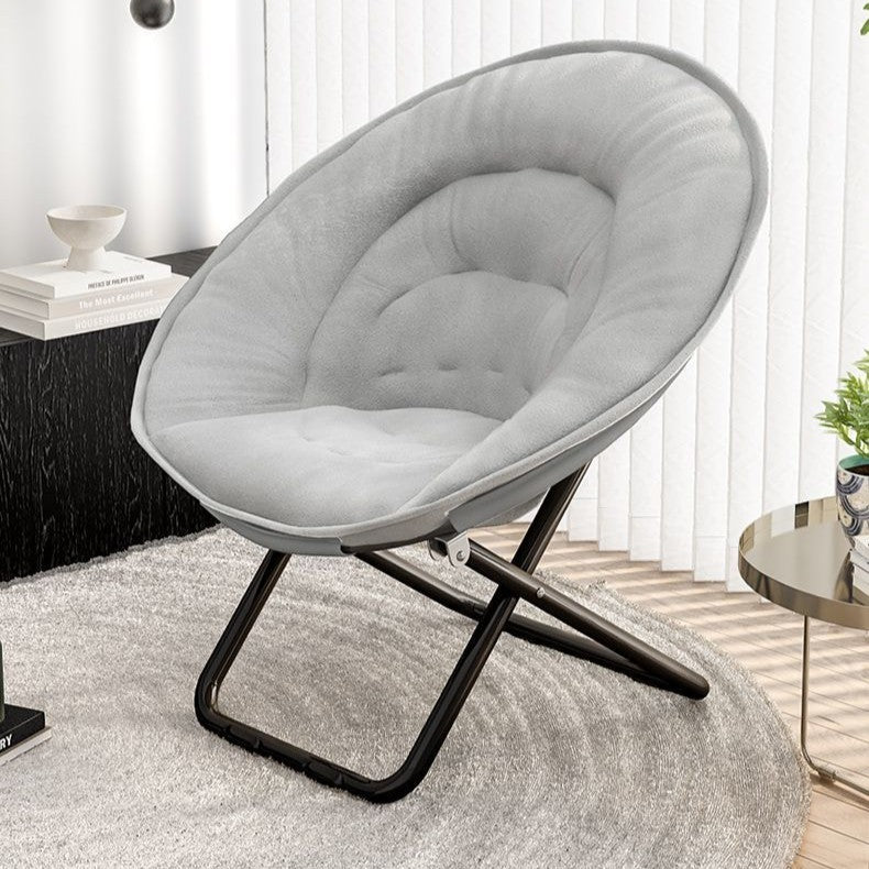 Silla reclinable plegable con respaldo de terciopelo redondo nórdico contemporáneo y estructura de acero al carbono en forma de X para sala de estar 