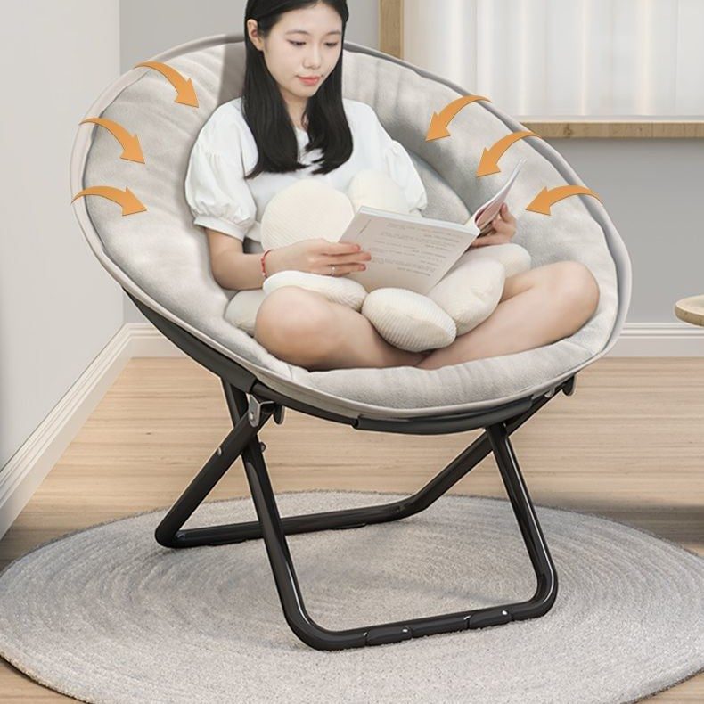 Silla reclinable plegable con respaldo de terciopelo redondo nórdico contemporáneo y estructura de acero al carbono en forma de X para sala de estar 