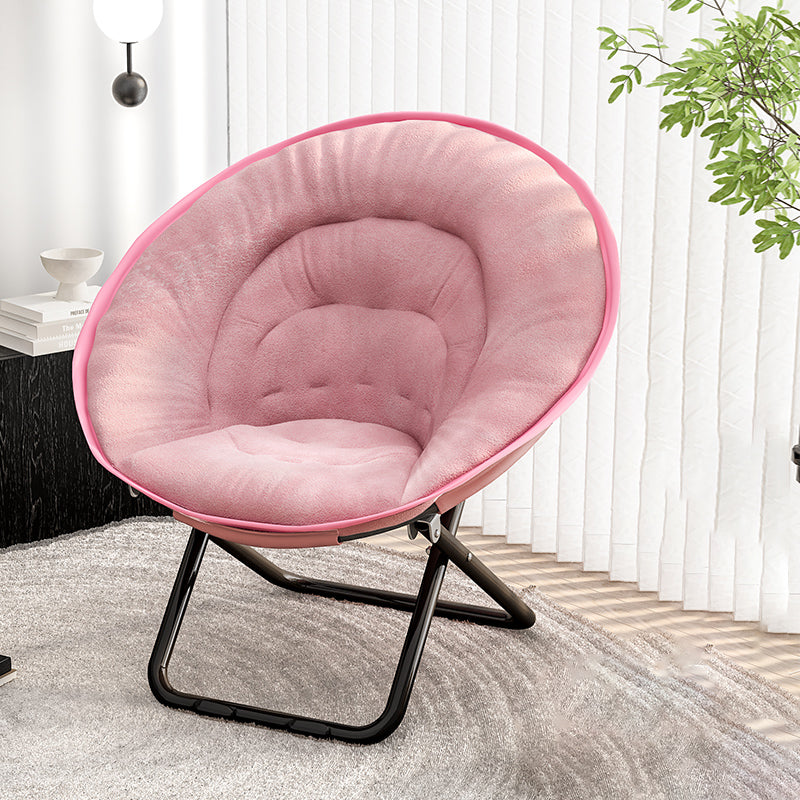 Silla reclinable plegable con respaldo de terciopelo redondo nórdico contemporáneo y estructura de acero al carbono en forma de X para sala de estar 