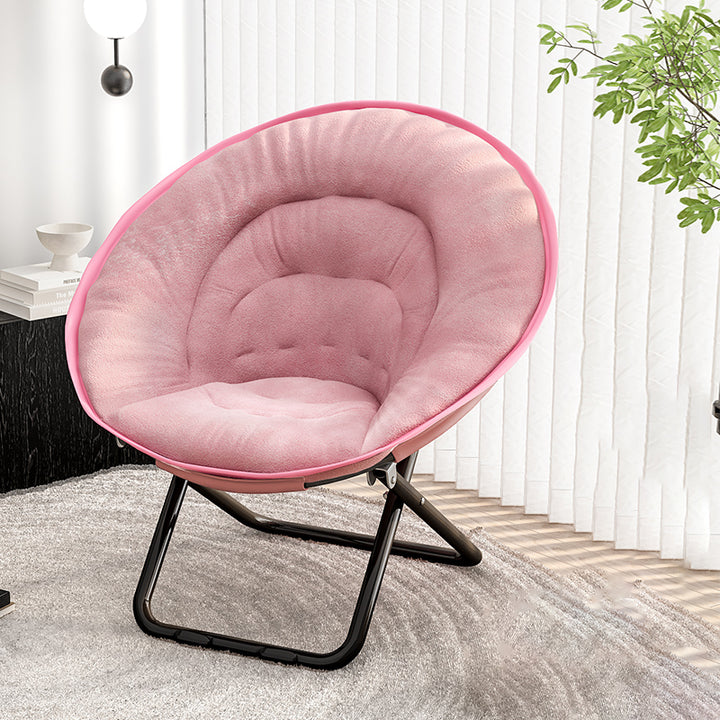 Silla reclinable plegable con respaldo de terciopelo redondo nórdico contemporáneo y estructura de acero al carbono en forma de X para sala de estar 