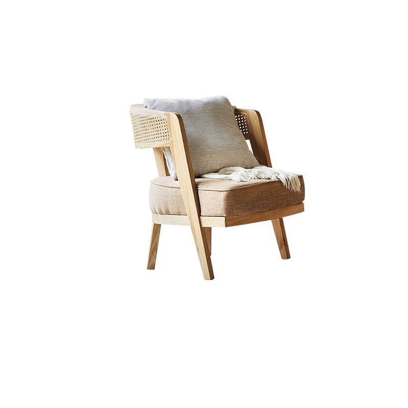Zeitgenössischer Retro-Sessel mit Gestell aus Eschenholz, Baumwoll- und Leinenpolsterung, Rattan-Geflecht und gebogenem Rücken für das Wohnzimmer 
