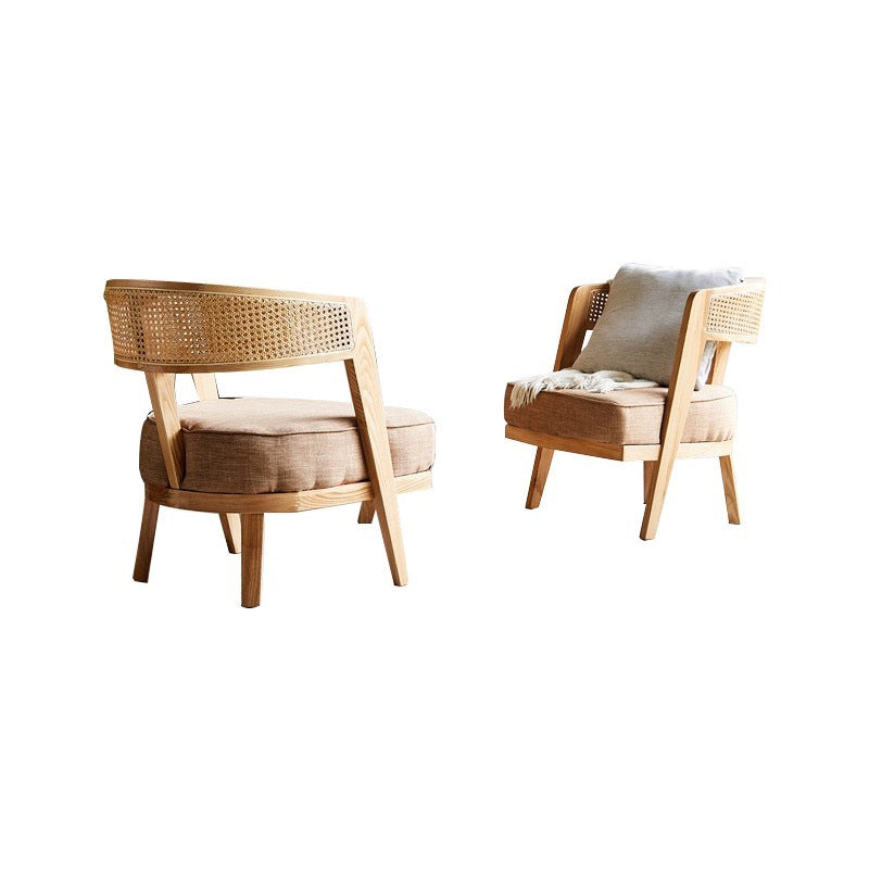 Zeitgenössischer Retro-Sessel mit Gestell aus Eschenholz, Baumwoll- und Leinenpolsterung, Rattan-Geflecht und gebogenem Rücken für das Wohnzimmer 