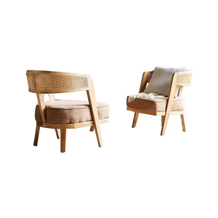 Zeitgenössischer Retro-Sessel mit Gestell aus Eschenholz, Baumwoll- und Leinenpolsterung, Rattan-Geflecht und gebogenem Rücken für das Wohnzimmer 