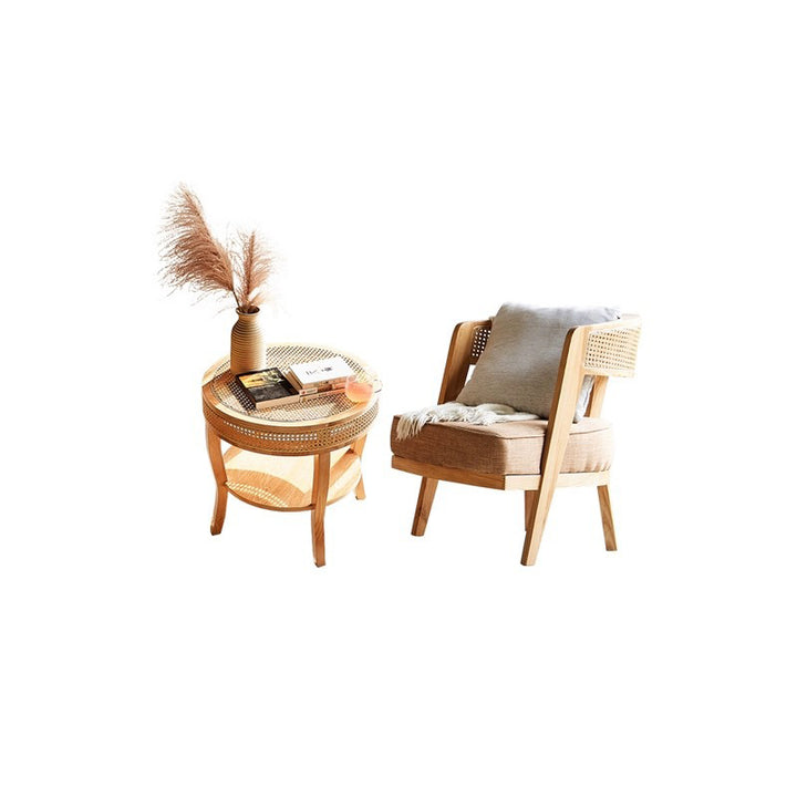 Zeitgenössischer Retro-Sessel mit Gestell aus Eschenholz, Baumwoll- und Leinenpolsterung, Rattan-Geflecht und gebogenem Rücken für das Wohnzimmer 