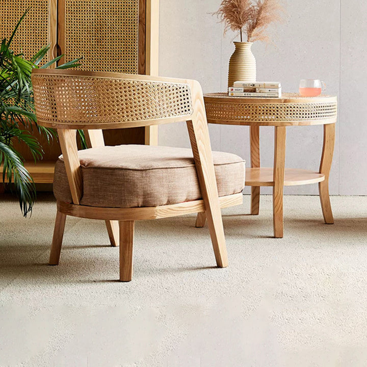 Cadre en bois de frêne rétro contemporain Chaise d'appoint en coton et lin Tissage en rotin Arc arrière pour salon 