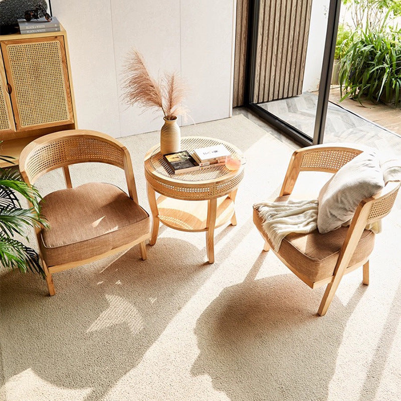 Zeitgenössischer Retro-Sessel mit Gestell aus Eschenholz, Baumwoll- und Leinenpolsterung, Rattan-Geflecht und gebogenem Rücken für das Wohnzimmer 