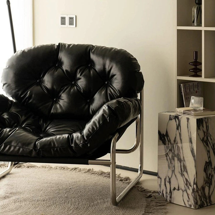 Contemporary Scandinavian Tufted Leather Upholstered Stainless Steel Accent Chair For Living Room