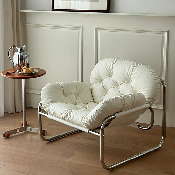 Contemporary Scandinavian Tufted Leather Upholstered Stainless Steel Accent Chair For Living Room