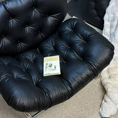 Contemporary Scandinavian Tufted Leather Upholstered Stainless Steel Accent Chair For Living Room
