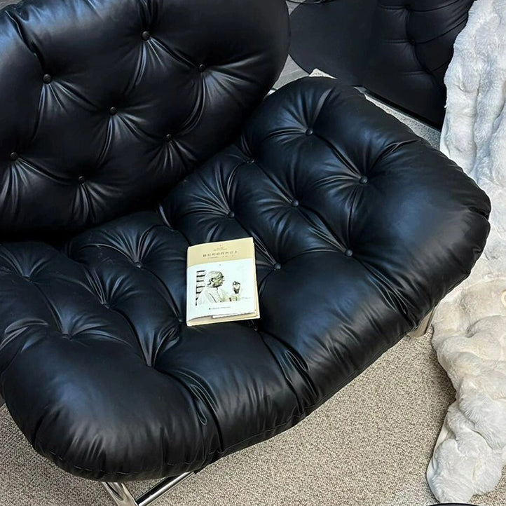 Contemporary Scandinavian Tufted Leather Upholstered Stainless Steel Accent Chair For Living Room