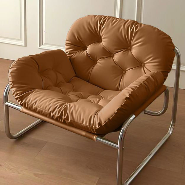 Contemporary Scandinavian Tufted Leather Upholstered Stainless Steel Accent Chair For Living Room