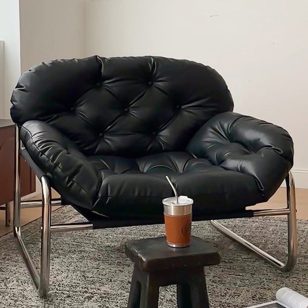 Contemporary Scandinavian Tufted Leather Upholstered Stainless Steel Accent Chair For Living Room
