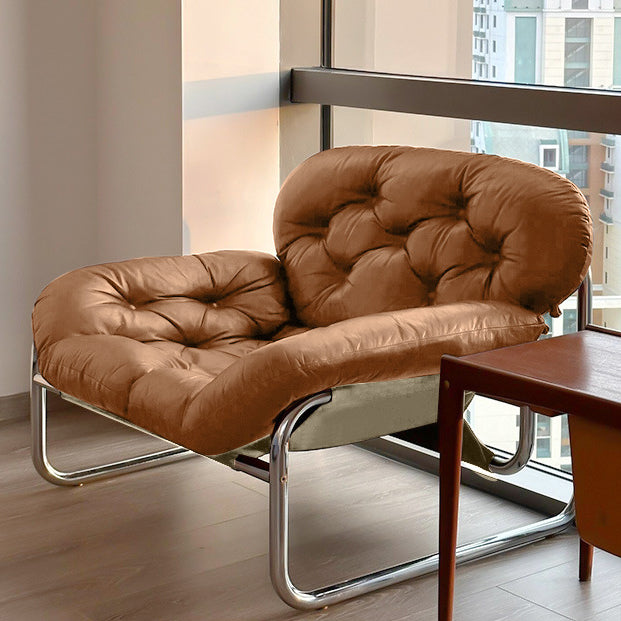 Contemporary Scandinavian Tufted Leather Upholstered Stainless Steel Accent Chair For Living Room