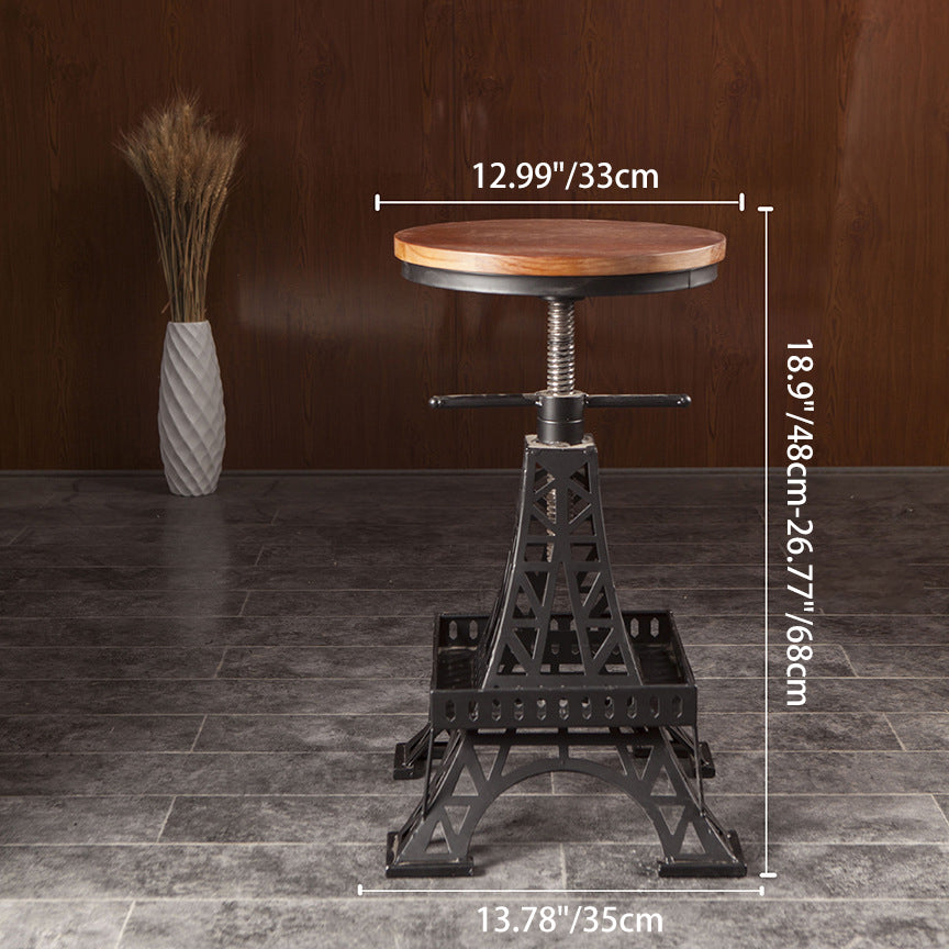 Contemporary Creative Round Pine Wood Iron Eiffel Tower Design Height Adjustable Swivel Bar Stool Footrest For Dining Room