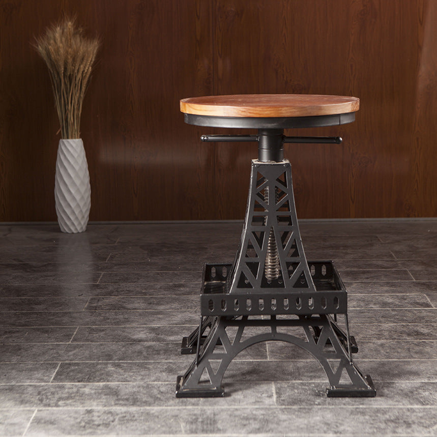 Contemporary Creative Round Pine Wood Iron Eiffel Tower Design Height Adjustable Swivel Bar Stool Footrest For Dining Room