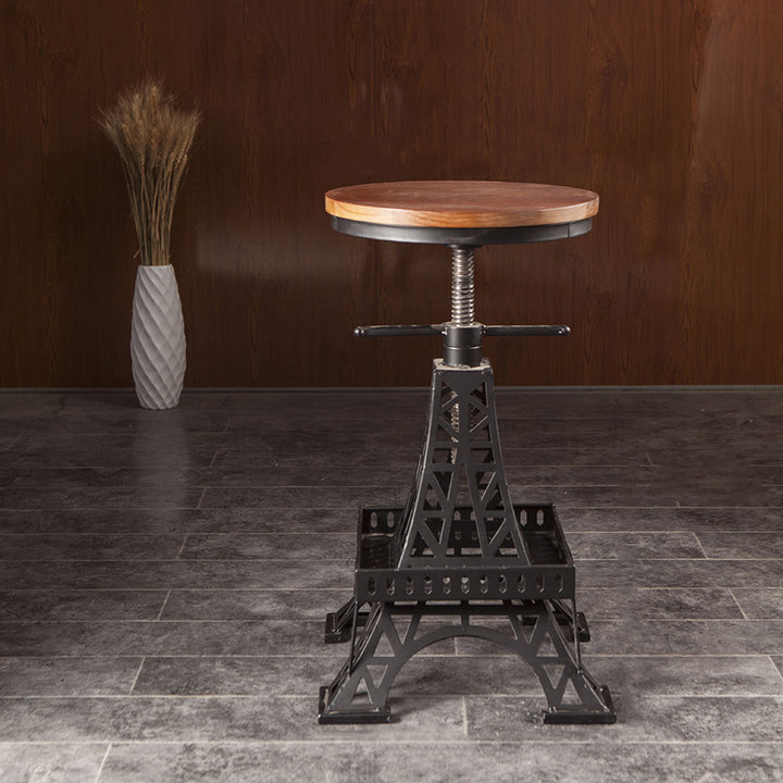 Contemporary Creative Round Pine Wood Iron Eiffel Tower Design Height Adjustable Swivel Bar Stool Footrest For Dining Room