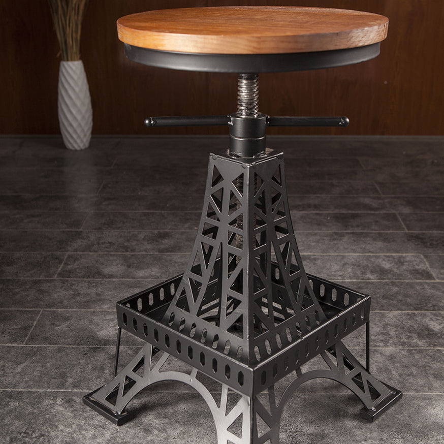 Contemporary Creative Round Pine Wood Iron Eiffel Tower Design Height Adjustable Swivel Bar Stool Footrest For Dining Room
