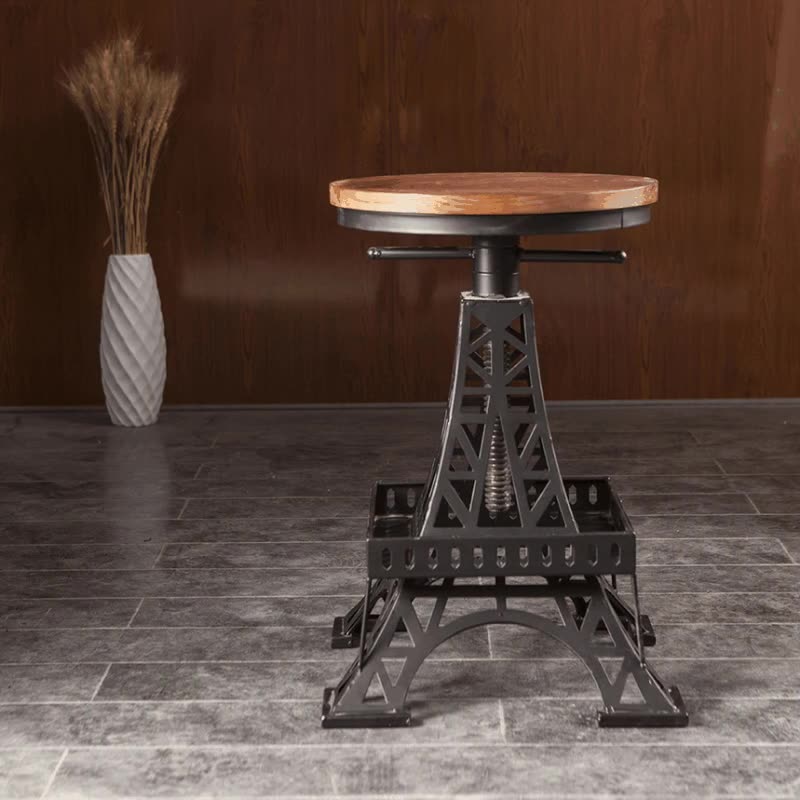 Contemporary Creative Round Pine Wood Iron Eiffel Tower Design Height Adjustable Swivel Bar Stool Footrest For Dining Room