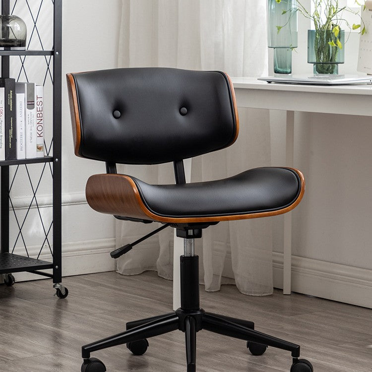 Moderner, schlichter Drehstuhl aus gebogenem PU-Leder, Karbonstahl und Sperrholz, höhenverstellbar, mit Rollen, für Homeoffice 