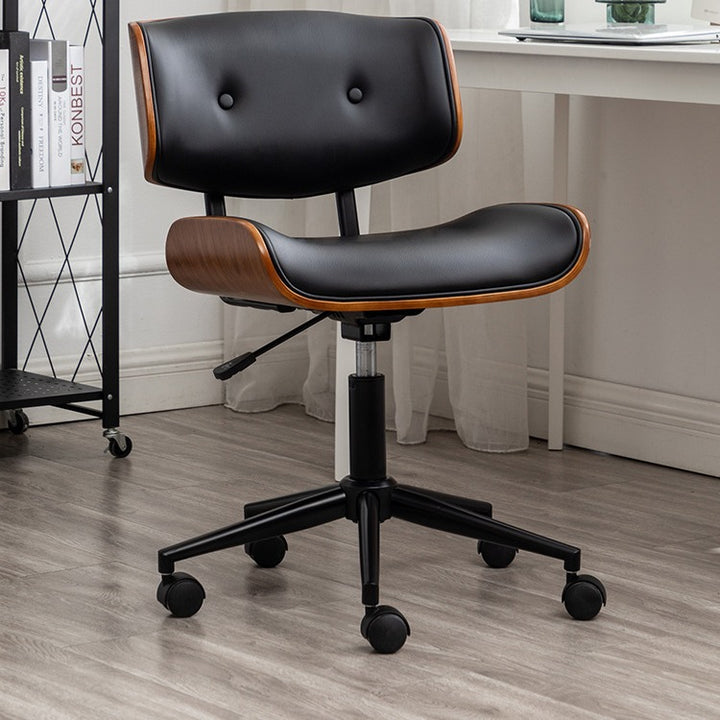 Moderner, schlichter Drehstuhl aus gebogenem PU-Leder, Karbonstahl und Sperrholz, höhenverstellbar, mit Rollen, für Homeoffice 