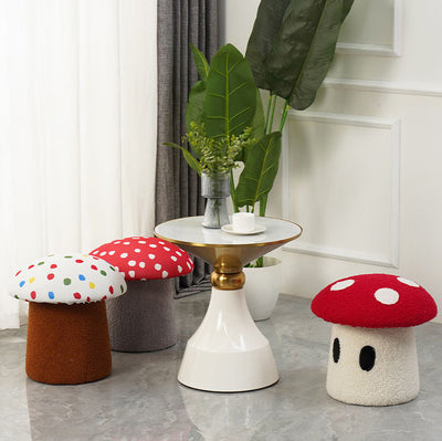 Contemporary Creative Cream Mushroom Lambswool Solid Wood Frame Vanity Stool For Bedroom