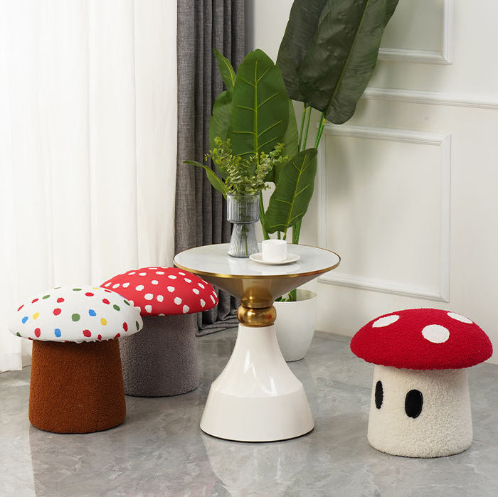 Contemporary Creative Cream Mushroom Lambswool Solid Wood Frame Vanity Stool For Bedroom