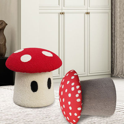Contemporary Creative Cream Mushroom Lambswool Solid Wood Frame Vanity Stool For Bedroom