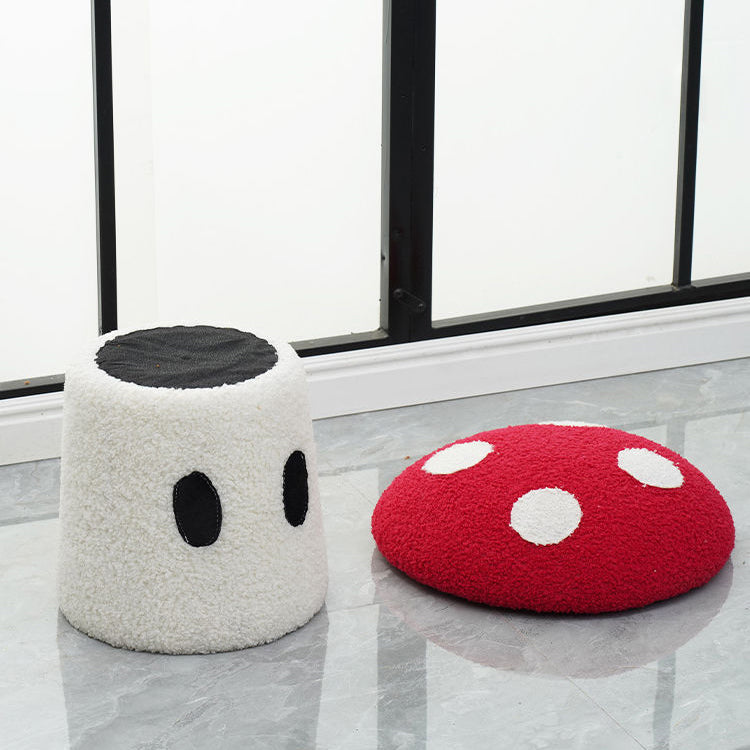 Contemporary Creative Cream Mushroom Lambswool Solid Wood Frame Vanity Stool For Bedroom