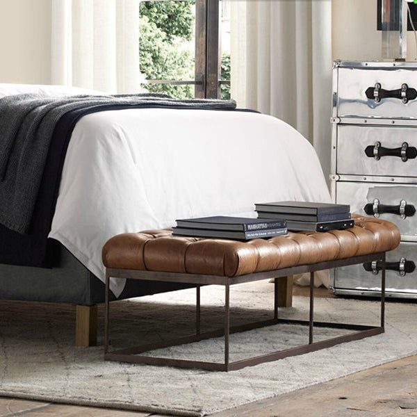 Contemporary Industrial Tufted Leather Upholstered Iron Rectangular Frame Bench For Entryway