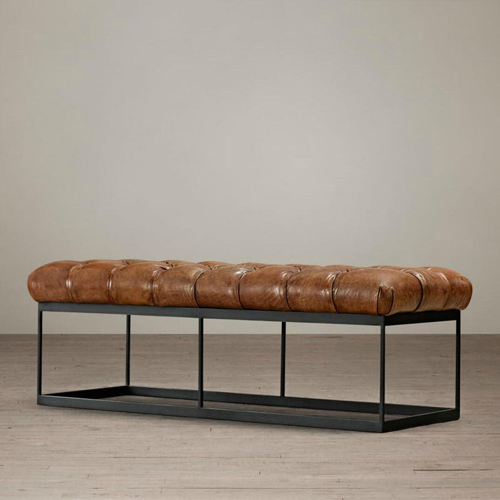 Contemporary Industrial Tufted Leather Upholstered Iron Rectangular Frame Bench For Entryway