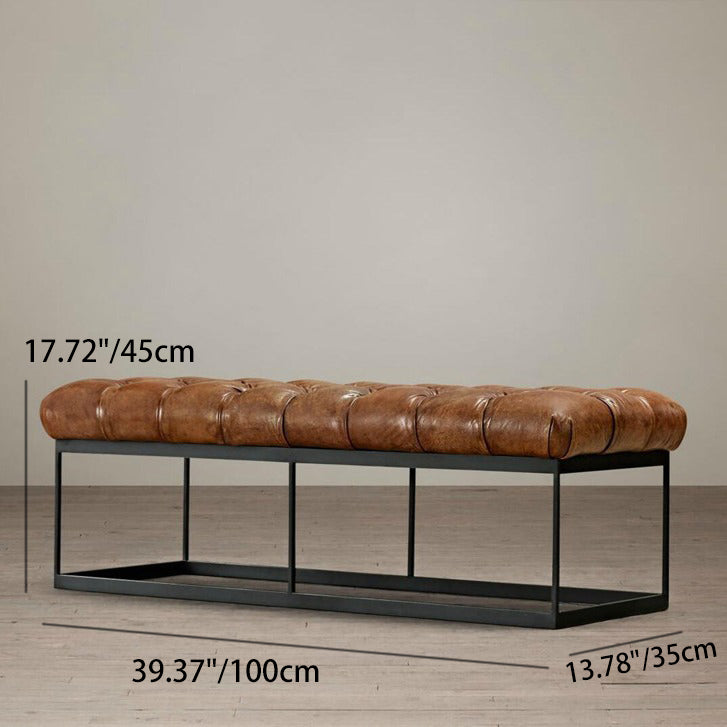 Contemporary Industrial Tufted Leather Upholstered Iron Rectangular Frame Bench For Entryway